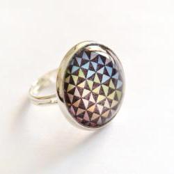 Optical glass ring - rainbow and black triangles, adjustable