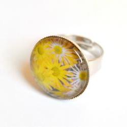 Yellow flowers adjustable ring with glass cabochon